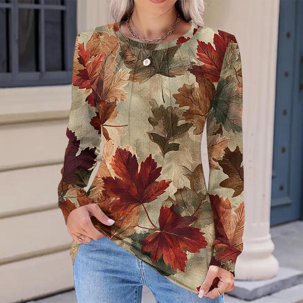 Women's Fashionable Casual Floral Retro Print Pleated Comfortable Round Neck Loose Long Sleeve T-shirt Top