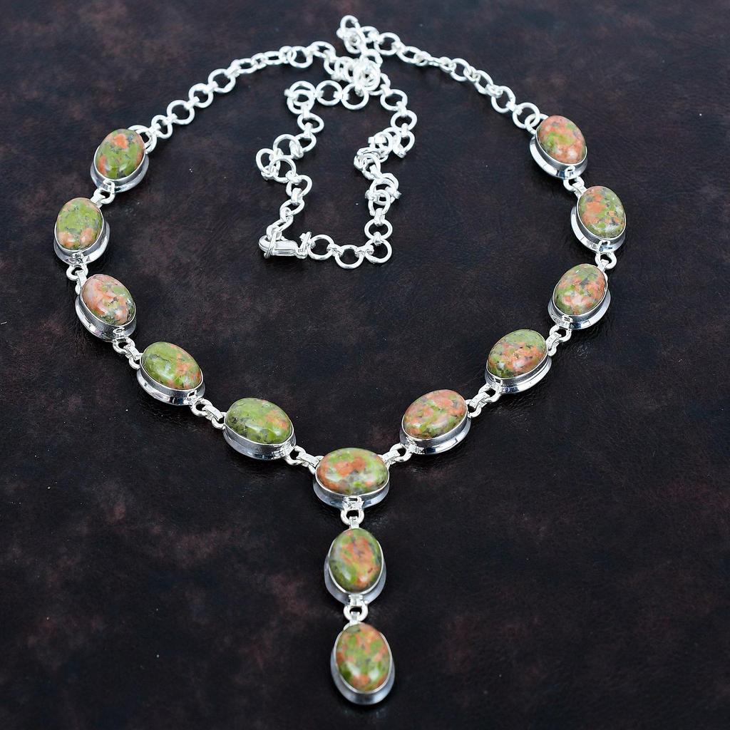 Unakite Gemstone Necklace 925 Sterling Silver Necklace Adjustable Chain Necklace Handmade Boho Jewelry Birthstone Necklace Engagement Gifts