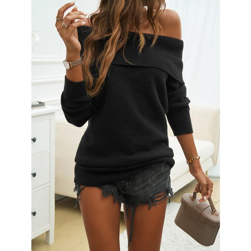 Women Knit Casual Solid Color Pullover One Shoulder Sweater