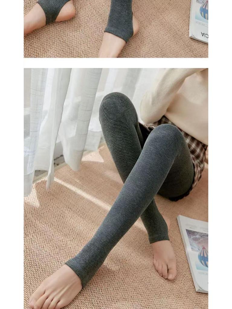 Women's Fleece-Lined Ribbed Cotton Stripe Leggings: Thick High-Waisted Pantyhose for Autumn/Winter, Slimming & Warm.