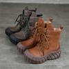 Johnature Genuine Leather Thick Soled Boots Retro Round Toe Lace Up Women's Platform Boots