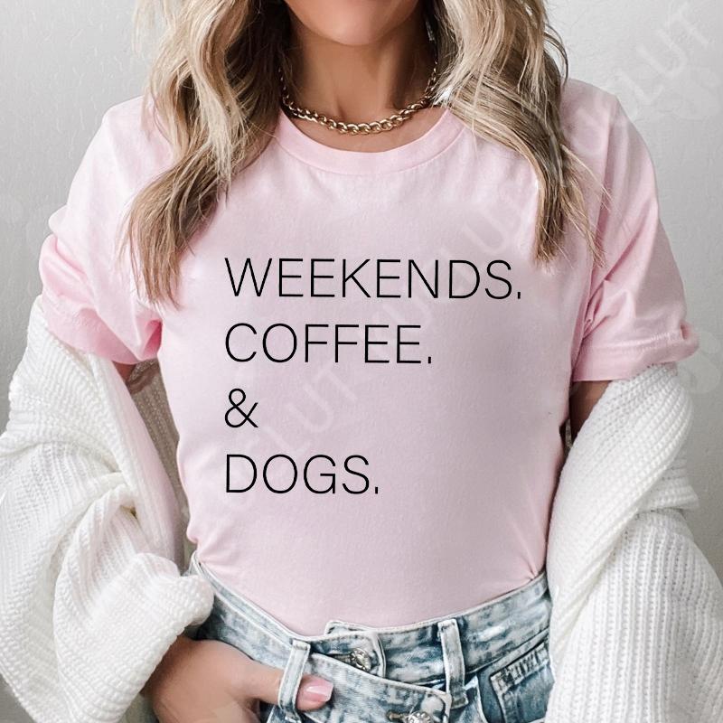 Weekends Coffee and Dogs Trend Print T Shirt Short Sleeve Summer Clothes Women Clothing Fashion Graphic T-shirt Mom Tee Tops