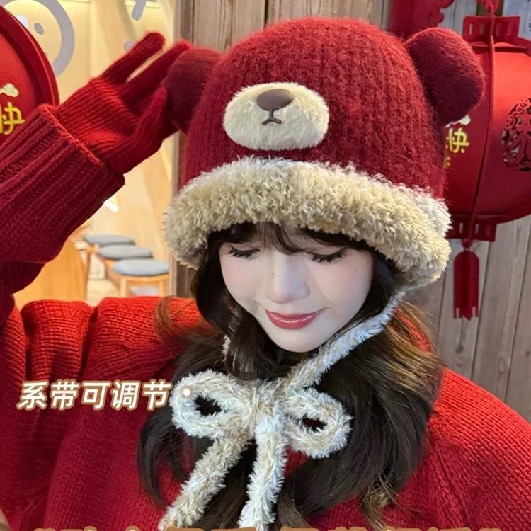 New Bear Ears Wool Hat Women's Autumn and Winter Thickened Face Small Bag Head Lei Feng Hat Ear Protector Bag Hat