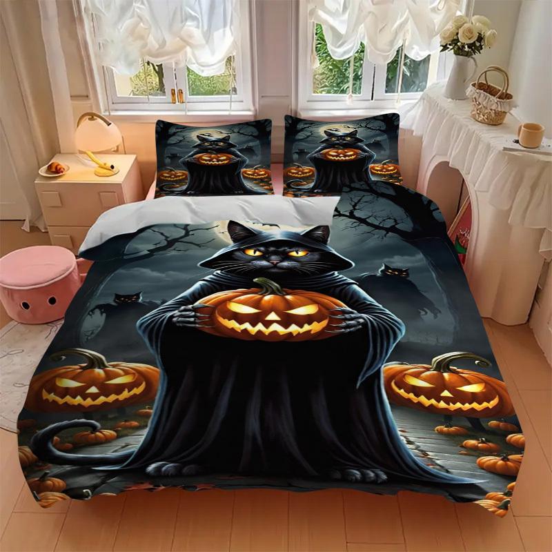 3pcs Cat, Jack-o'-Lantern Duvet Cover Set - Includes 1 Duvet Cover and 2 Pillowcases, No Quilt Core, All-Season Home Decor yy251111007