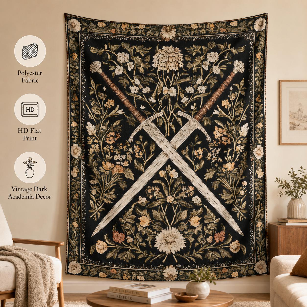 Jmg Household Supplies Unisex Dark Vintage Crossed Swords Floral Tapestry Medieval Knight Style Flat Print Wall Hanging For Living Room Academia Decor