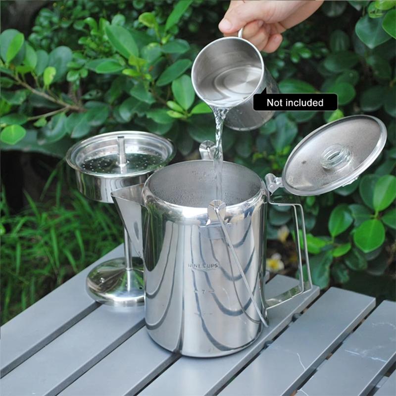 Kaffeperkolator med gångjärnslock Rostfritt stål Genomskinlig knopp Kaffebryggare Kaffekanna för lägereldar och spishällsbryggning