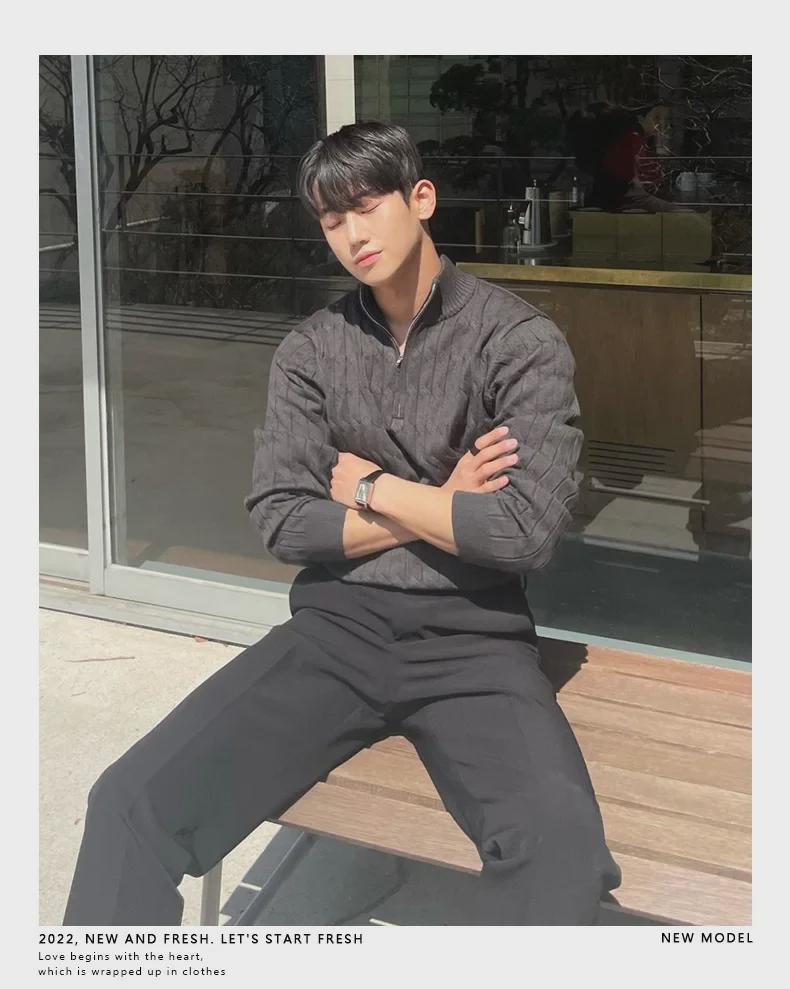 Men's High-End White Half-Turtleneck Zipper Knit Pullover Sweater, Fashionable and Versatile Long-Sleeved Jacket