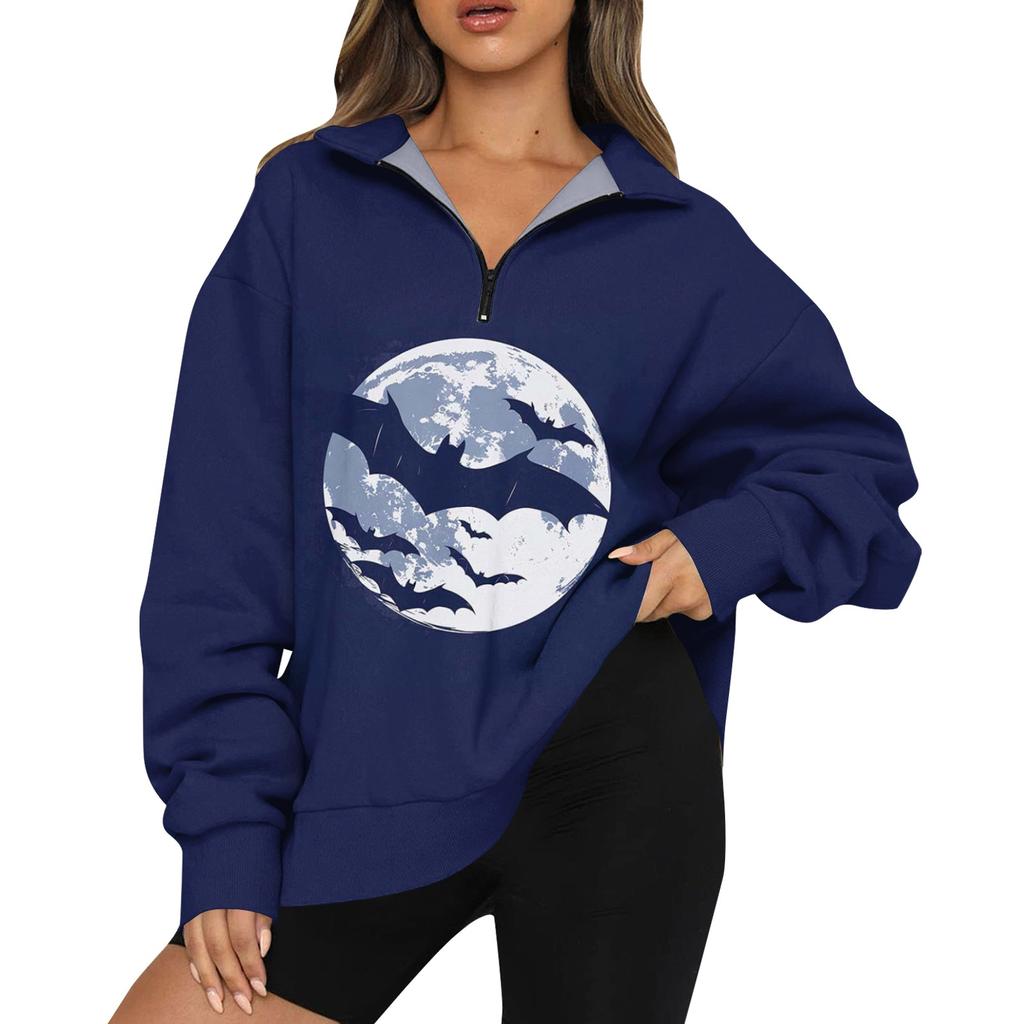 Women's Casual Fashion Long Sleeve  Print Oversize Zip Sweatshirt Top