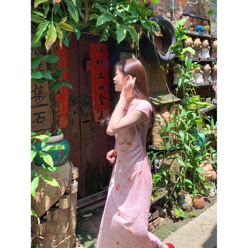 

Xinjiang Nuts Cake Stickers Homemade Small Summer Temperament Dress Women s New Chinese Pink Long Dress Long Dress Beautiful Cheongsam Pink XS