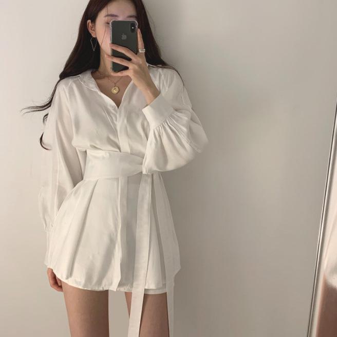 French-Inspired Lantern Sleeve White Shirt Dress for Women - Waist-Cinching, Mid-Length, Perfect for Spring and Autumn.