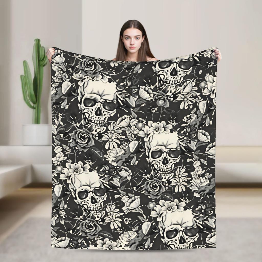 Halloween Skulls And Flowers Throw Blanket Warm Cozy Funny Blanket For Outdoor Plane Travel Flannel Bedspread Bed Cover