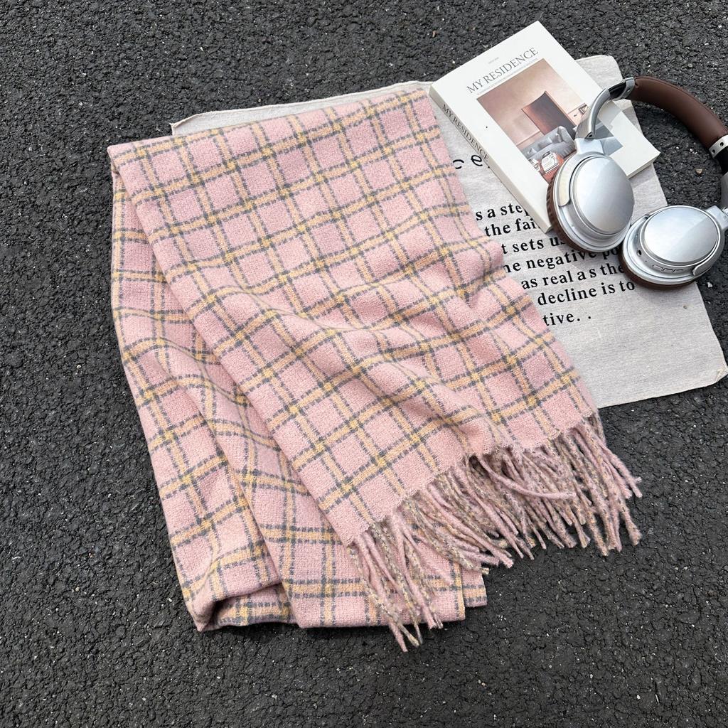 Korean Style High End Plaid Tassel Simple Scarf for Women Autumn and Winter Warm Shawl Fashion Imitation Cashmere Scarf