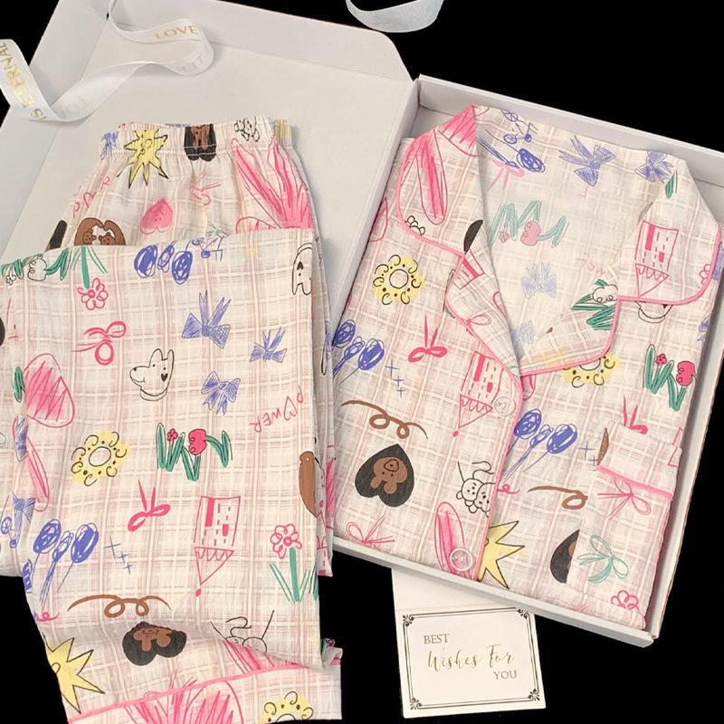 

Милая и забавная пижама из облачного хлопка с принтом граффити, женский весенне-осенний комплект для дома высокого класса с длинными рукавами, реальное фото XL