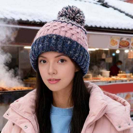 Women Winter Knitting Hat with Pom Poms Decor Patchwork Color Autumn Winter Jacquard Hat Windproof Breathable Headwear