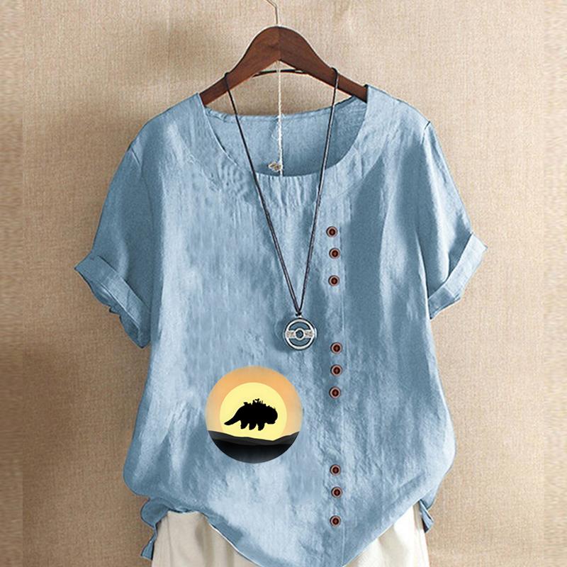 Women's Fashion Round Neck Short Sleeve T-shirt Casual Cotton Linen Graphic Shirt Shadow Prined Summer Blouse Tops Plus Size