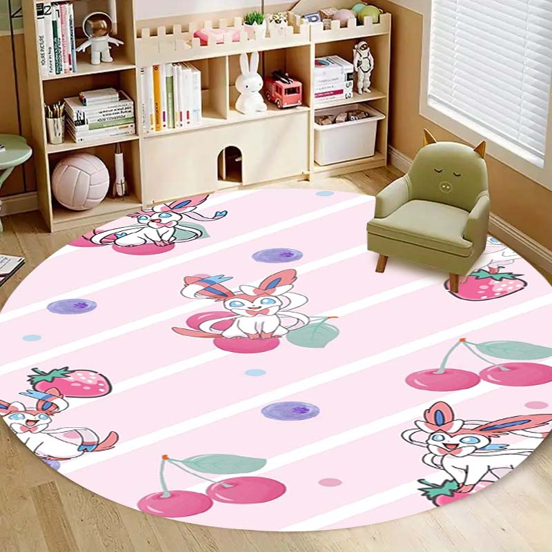 Kawaii Sylveon Theme Round Area Rug Pink Fairy Pattern Circular Rug Kids Girls Bedroom Gamer Room Decor