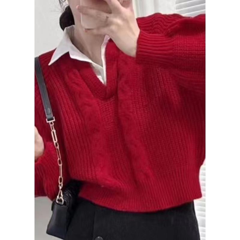 Damen Herbst- und Winter-Patchwork-Hemd Designgefühl Nische Fake Zweiteiliger Pullover Locker Langärmlig Stricktop Trend