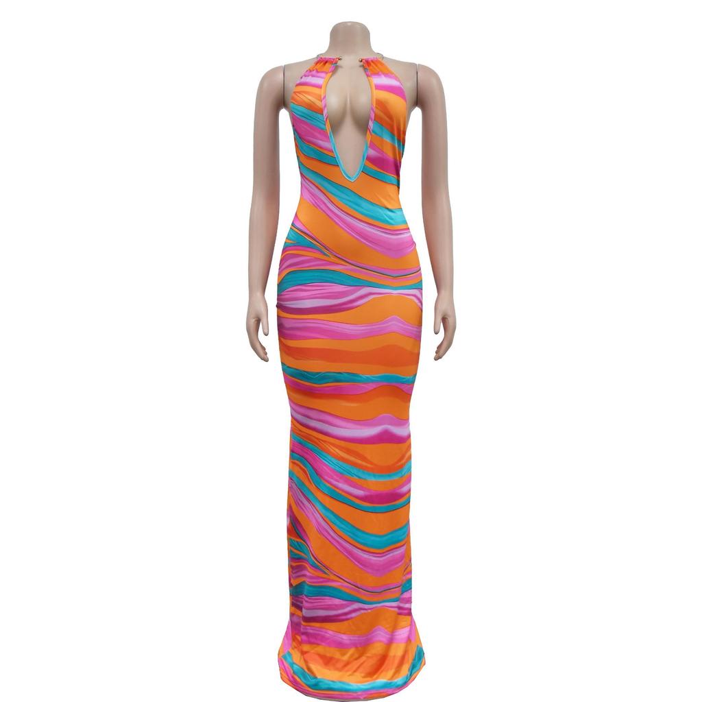 Women's Fashion Sleeveless V-Neck Backless Printed Maxi Dress