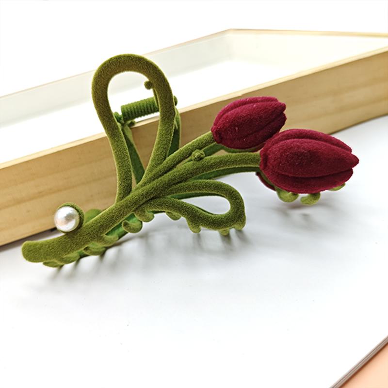 

1 шт. Модные бархатные заколки для волос в виде цветка тюльпана с жемчугом для женщин, девушек, держатель для хвостика, аксессуары для густых волос