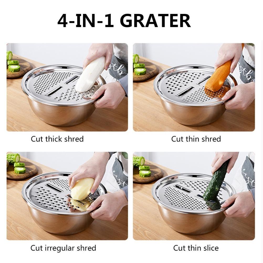 3pcs Multifunctional Stainless Steel Basin Set Fruit Vegetable Bracket Drain Basin Grater Basin Kitchen Tools