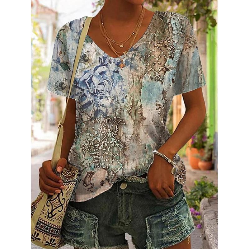 New Color Gradient Graphic 3D Print T-Shirts Women V-Neck Short Sleeve T Shirt Y2K Tees Oversized Harajuku Tops Female Clothing S