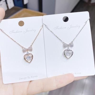 Japanese and Korean Peach Heart Bow Necklace Slightly Inlaid with Diamond Collarbone Chain Versatile Jewelry Women's Trendy Models