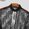 INCERUN Men Long Sleeve Cutout Mesh Sheer Lace Casual Ruffled Tops T-shirts