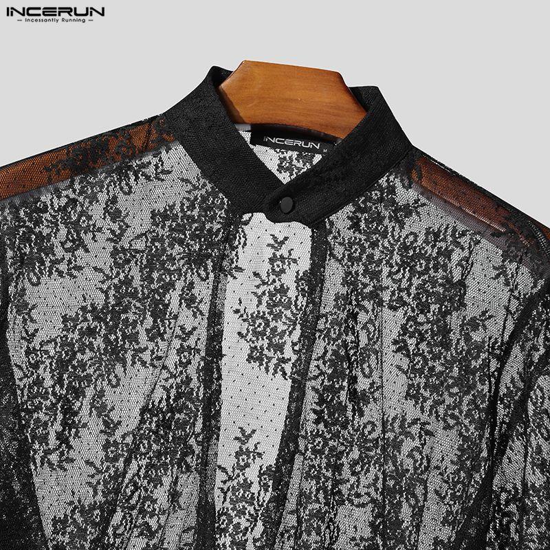 INCERUN Men Long Sleeve Cutout Mesh Sheer Lace Casual Ruffled Tops T-shirts