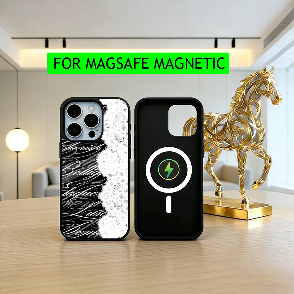 Beautful Black L-lace Print Phone Case For iPhone17,16,15,14,13,12,11 Plus,Pro Magnetic For Magsafe Wireless Charging