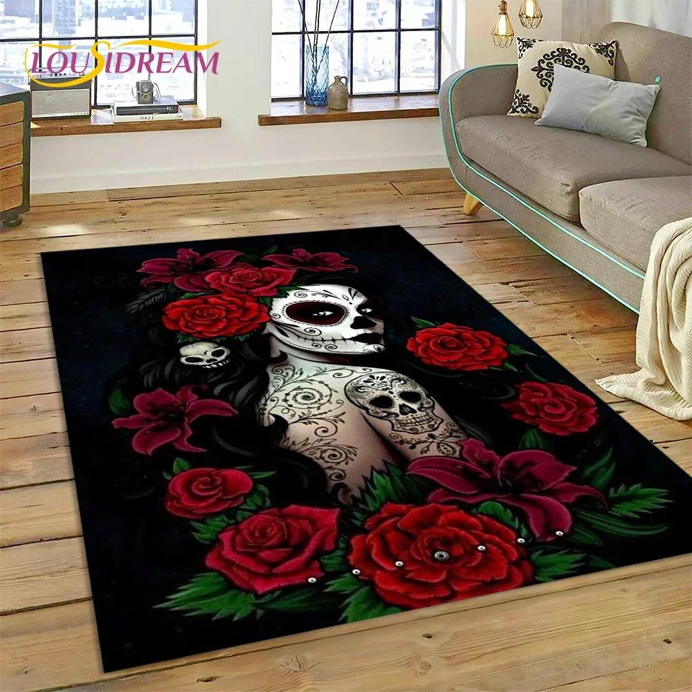 Skull Dead Girl Gothic Horror Female Rose Carpet Rug for Bedroom Living Room Home Sofa Decoration,Kid Game Large Decor Floor Mat