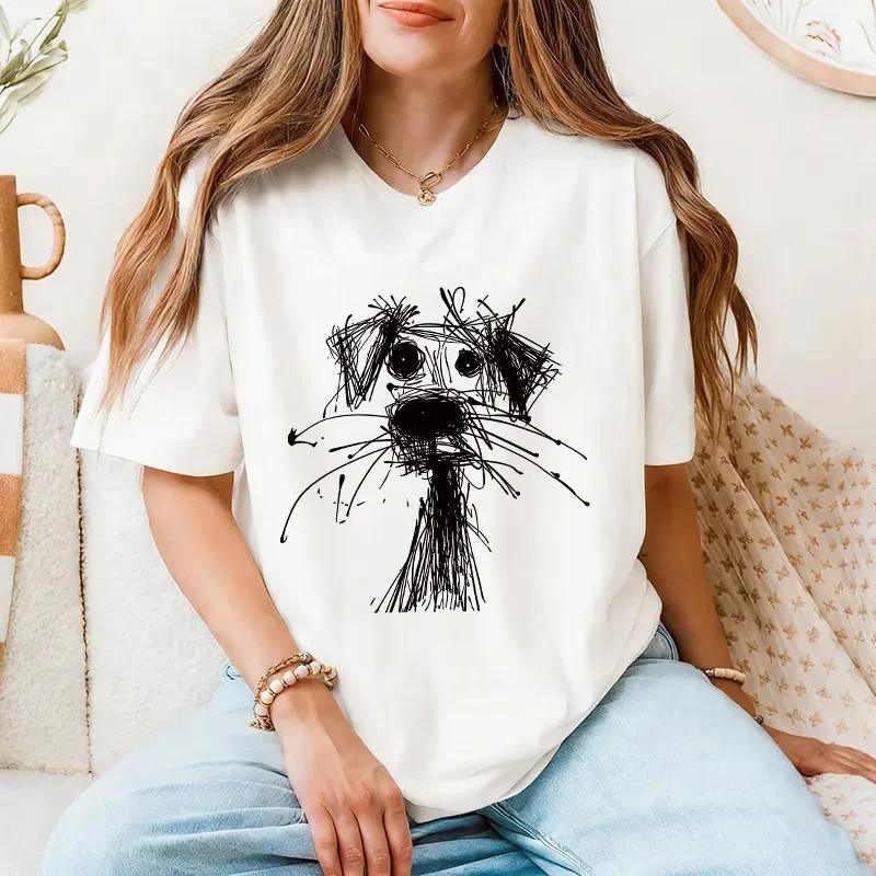 Women s Casual Round Neck Puppy Doodle Print Short Sleeve oversize T-Shirt, Cott M