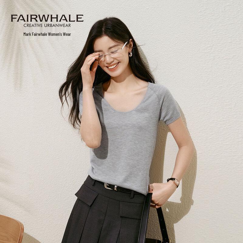Mark Huafei Women's U-Neck Short Sleeve Mercerized Wool Knit Top