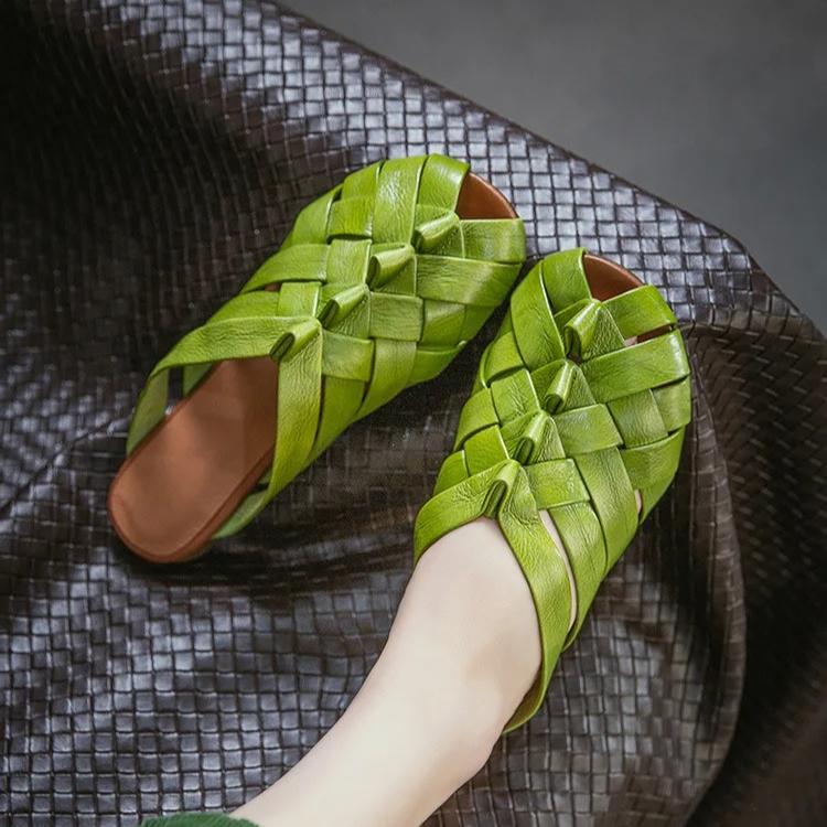 Johnature Genuine Leather Woven Breathable Peep Toe Flat Slippers Casual And Versatile Women's Slip-on Shoes