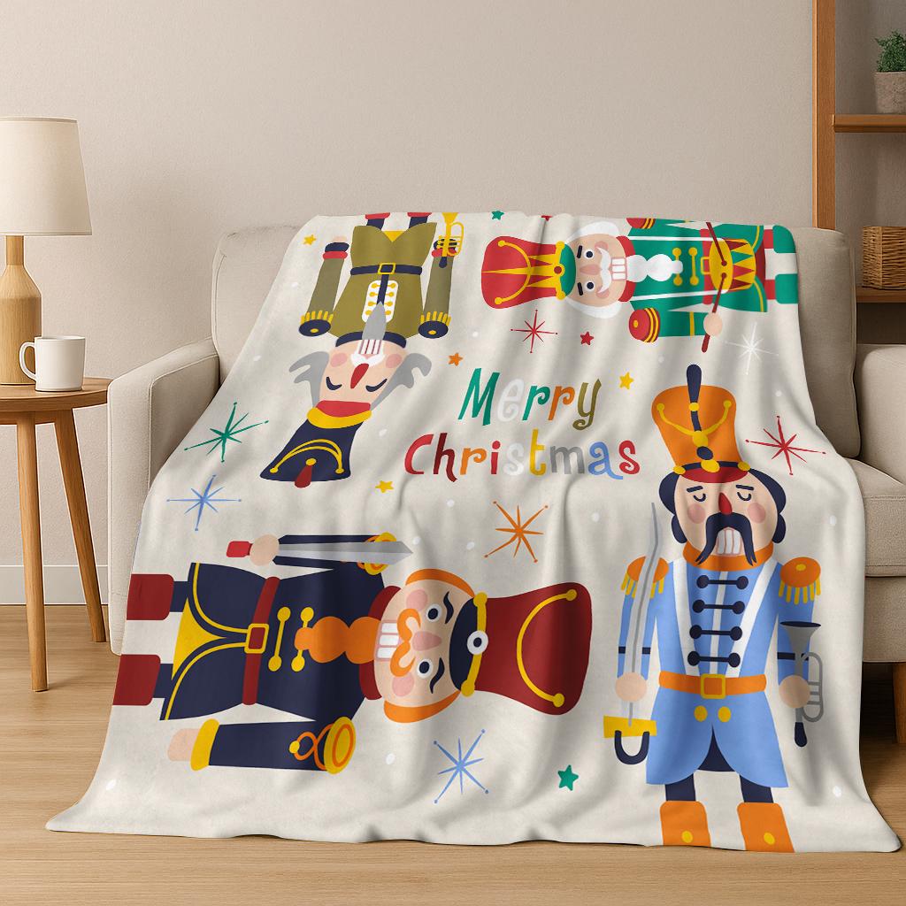 Frohe Weihnachten Baum Nussknacker Cartoon Puppe Neujahrsgeschenk Flanell Decke, Weiche Wohndecke für Zuhause Schlafzimmer Bett Sofa Kinder