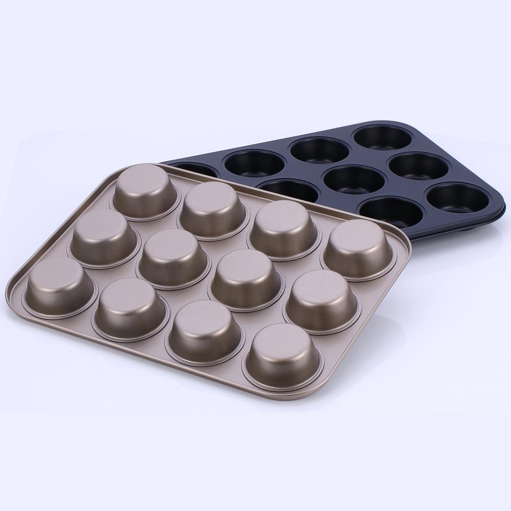 12 Cups Muffin Bun Cupcake Baking Bakeware Gold Black Non-Stick Carbon Steel Tray Cup Cake Mold