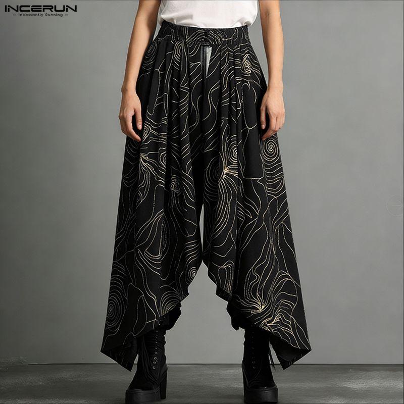 INCERUN Men Elastic Waist Print Ruffled Splits Bohemia Holiday Irregular Long Skirts