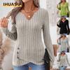 Camicette e camicie da donna con scollo a V, maniche lunghe, stampa tinta unita casual alla moda