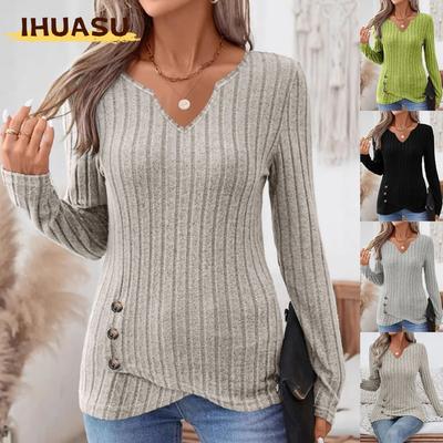 Women's Fashion Casual Solid Color Print Long Sleeve V Neck Blouses & Shirts