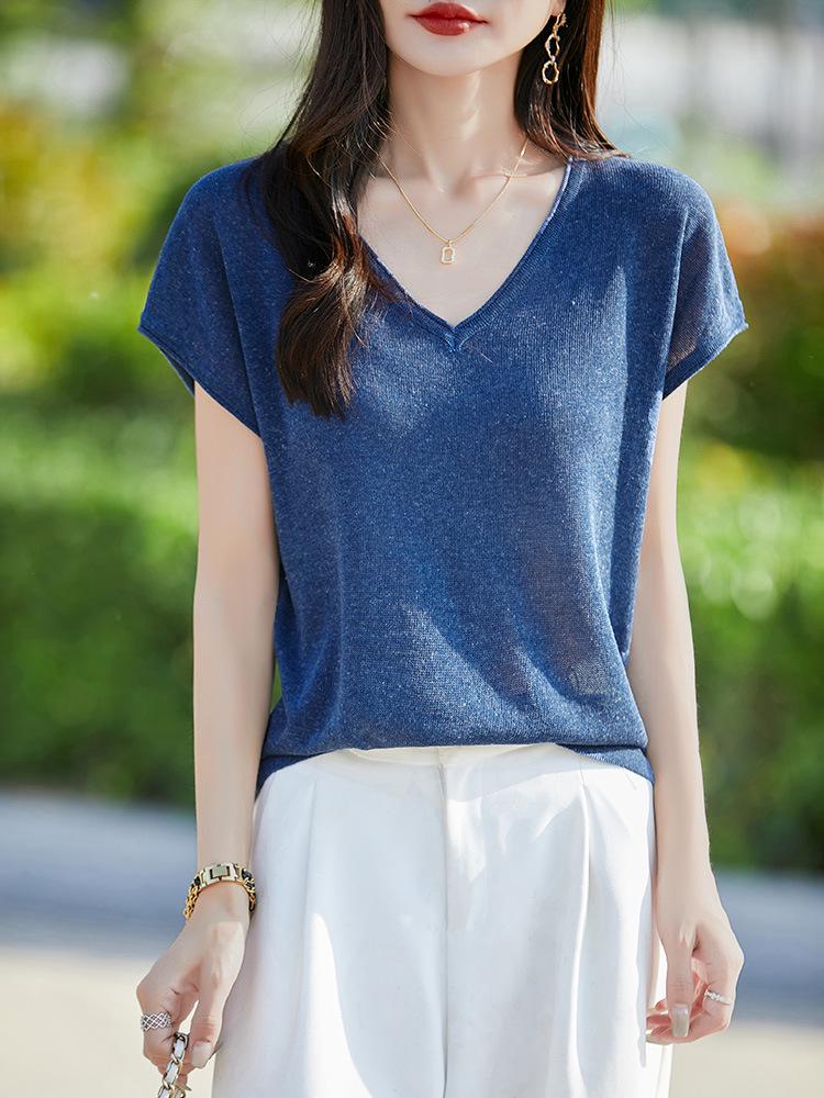 Women's V-Neck Lyocell Linen Knit T-Shirt - Spring/Summer 2026