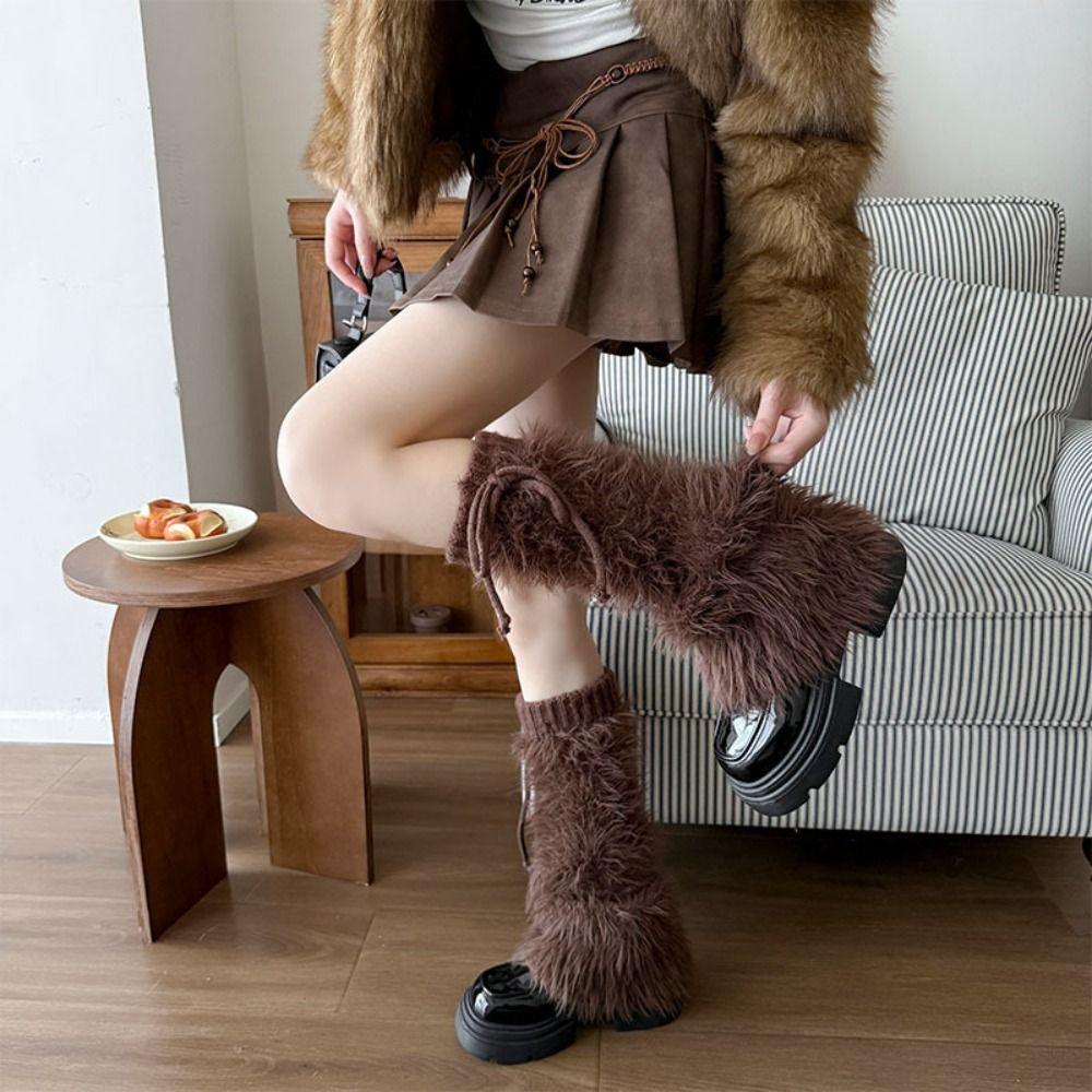 Knitted Furry Leg Warmers Foot Cover Long Stockings Soft Winter Leg Warmers Accessories