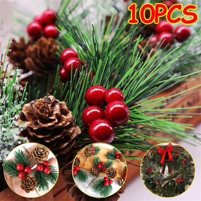 10 τεμ Χριστουγεννιάτικο τεχνητό λουλούδι Κόκκινο μούρο κουκουνάρι Holly Xmas Decor