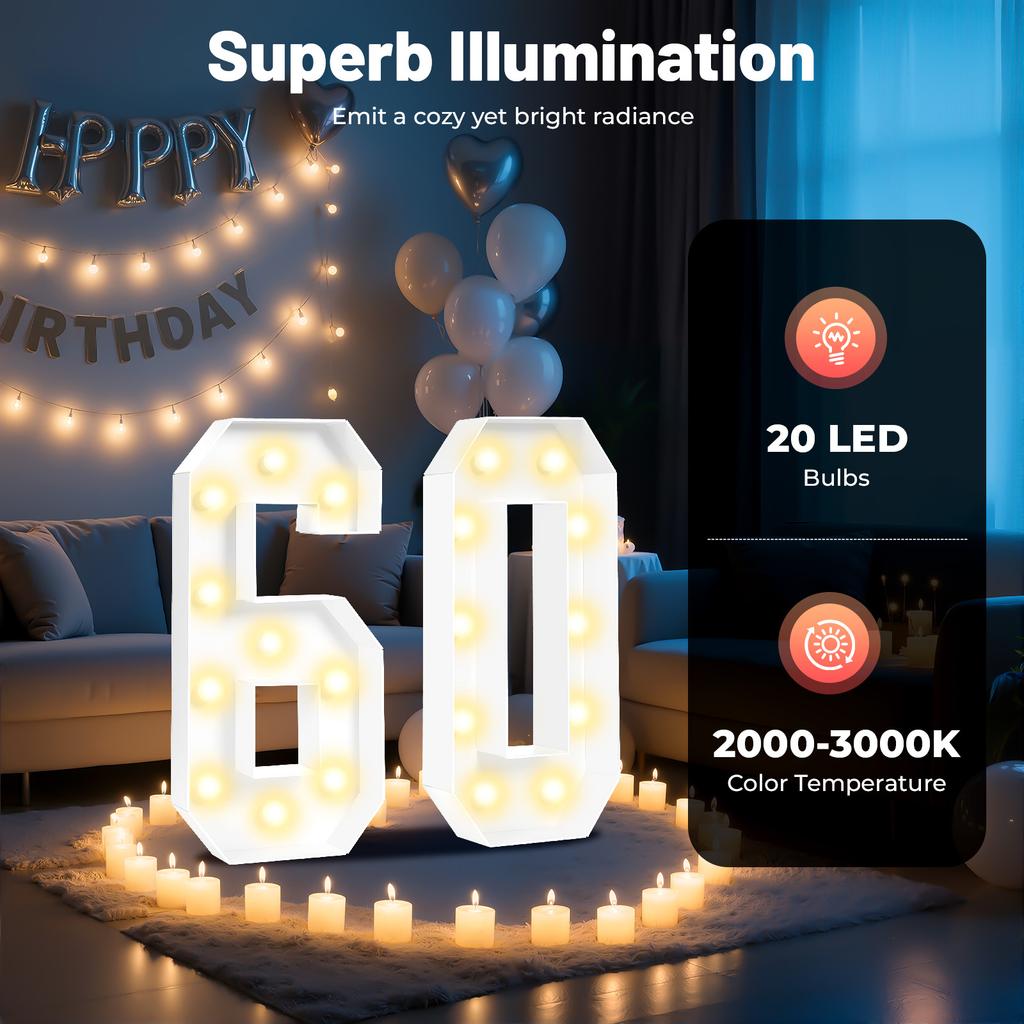 60 Light Up Numbers Vintage LED Large Birthday Decor for 60th Anniversary Party Battery Powered Home Decor