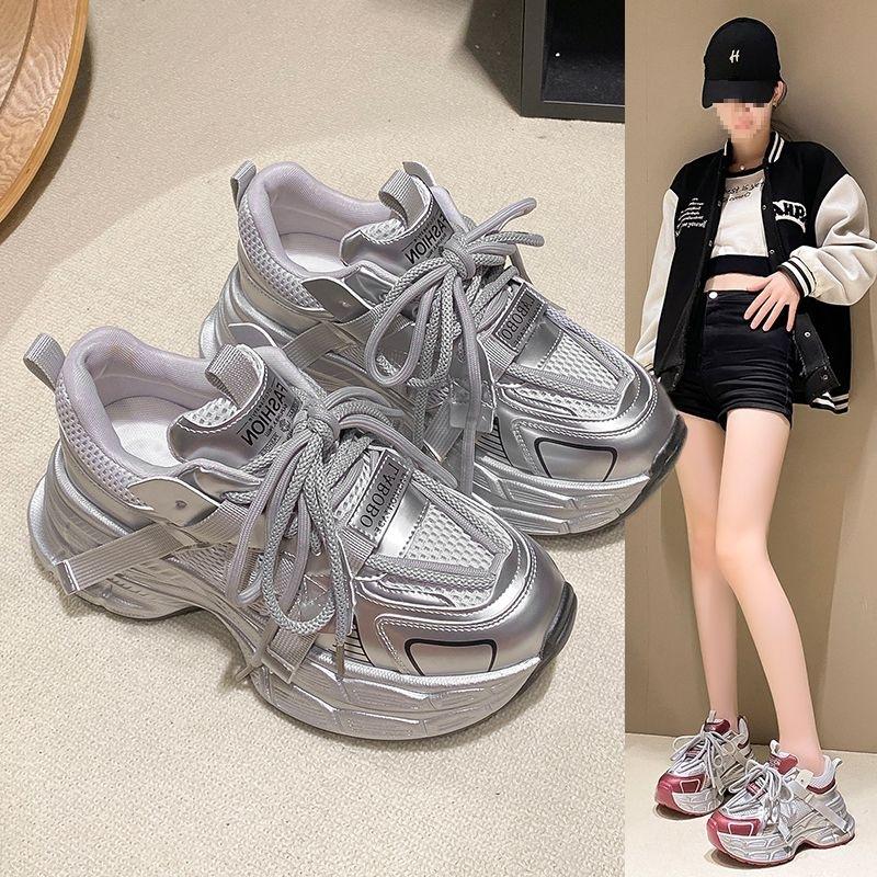 Large size dad shoes women 2025 silver new autumn mesh versatile thick sole breathable height increase casual sports shoes 42