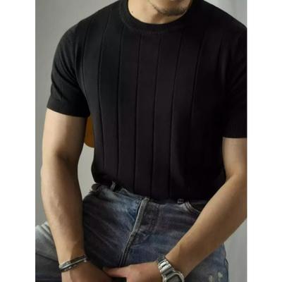 Black Ribbed Short Sleeve Knit Sweater Slim Fit Soft Breathable Summer Casual Daily Top