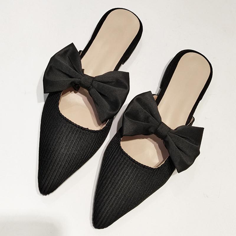 New Butterfly -Knot Pointed Toe Mules Shoes Stretch Knitted Slippers Women Mesh Slides Fashion Slip On Shallow Flats Spring