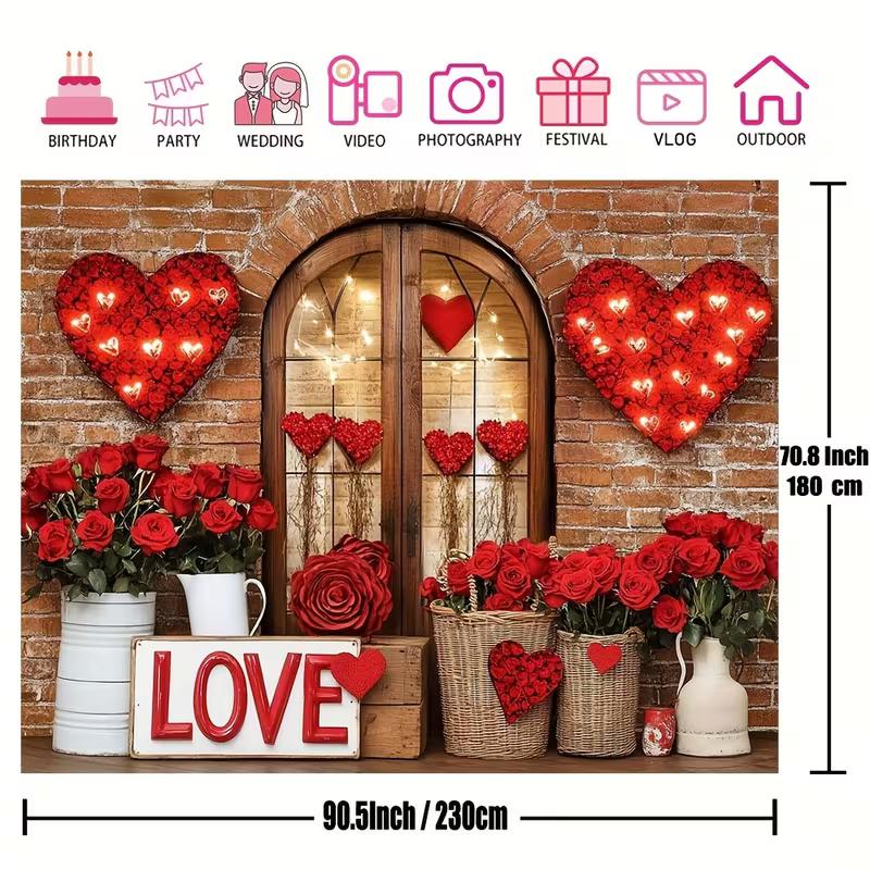 2D LOVE Sign Red Floral Brick Wall Backdrop Valentine's Party Background