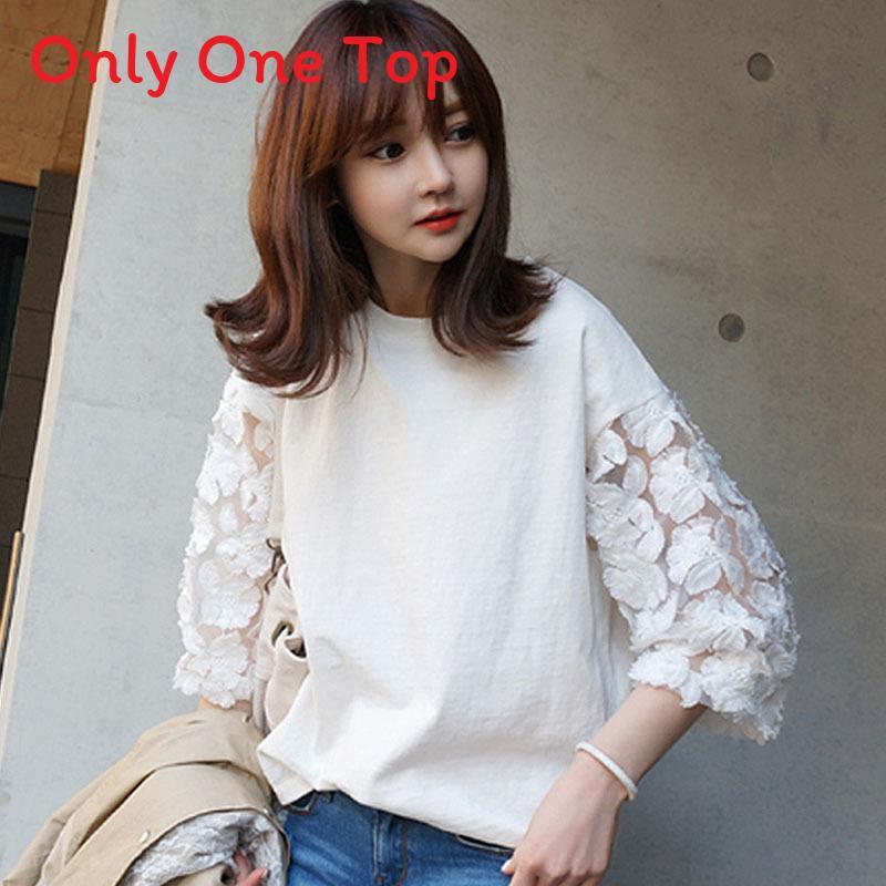 Cotton Summer Lace Short Sleeve Tshirt For Women With Round Neck And Casual Style