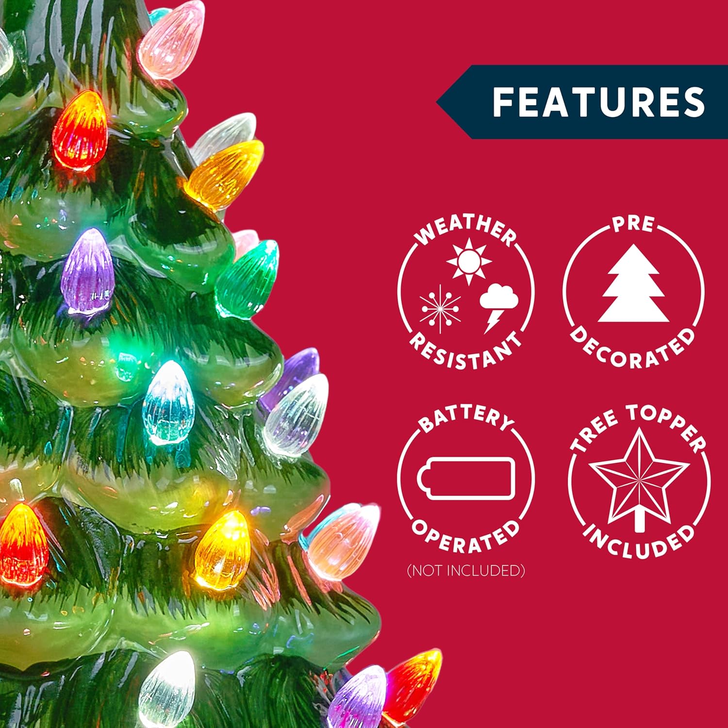 JOYFY 12  Ceramic Christmas Tree Table Top Christmas Tree with Flower Leaf Vintage Pre-lit Xmas Decor Battery Operated 30cm