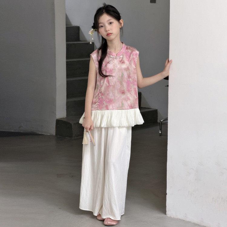 2026 Girls Summer Chinese-Style Sleeveless Top & Wide-Leg Pants Set 150 cm