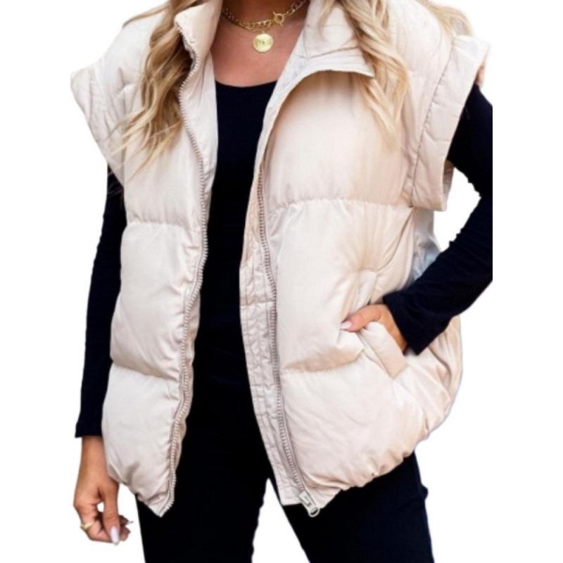 Stylish European & American Women's Solid Color Zipper Pocket Cotton Vest - Stand Collar, Trendy Commuting Jacket